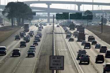 Morning traffic along I-35 E through Lewisville in 2012, photographed from East Round Grove...