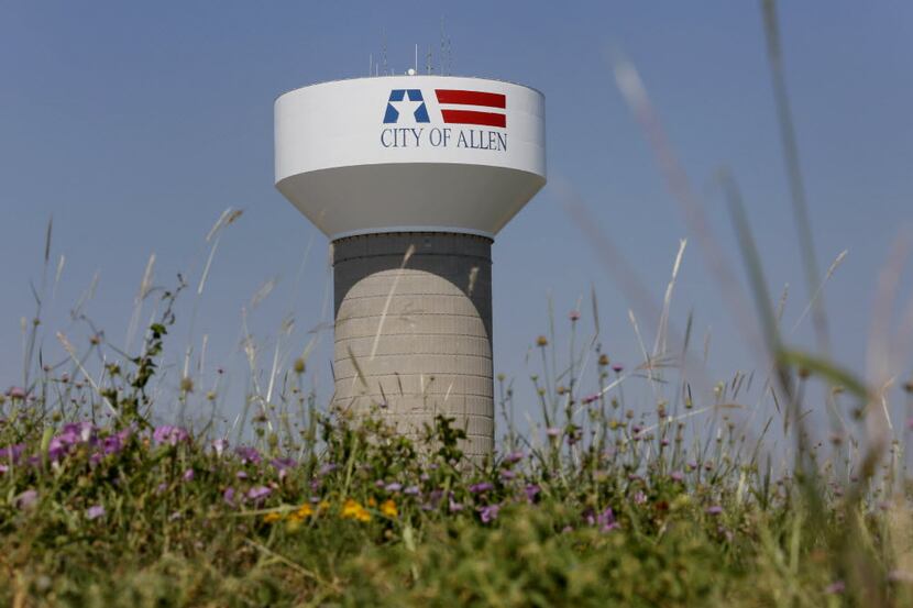 A city of Allen water tower near Prestige Circle and Bethany Drive.