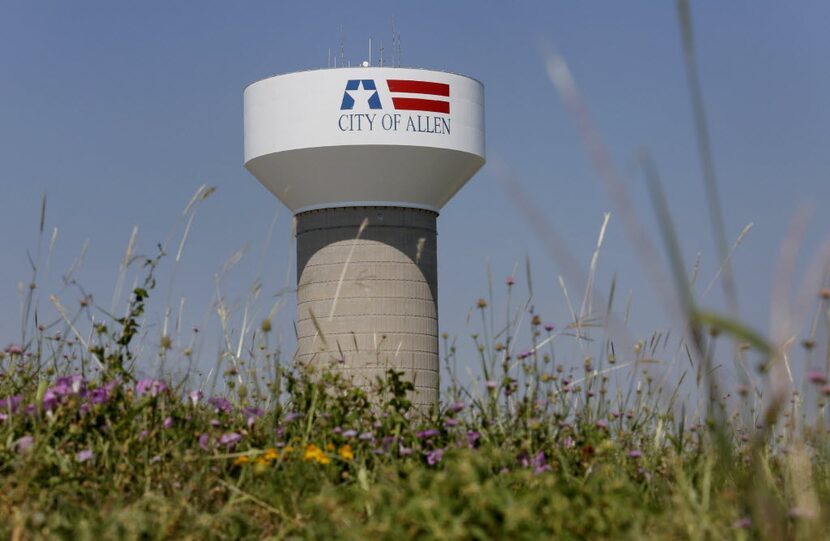 A city of Allen water tower near Prestige Circle and Bethany Drive.