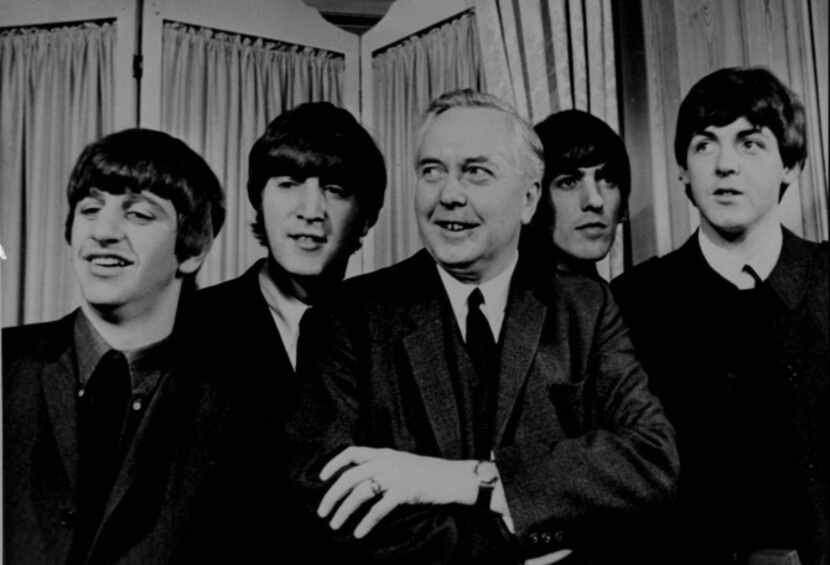 The Beatles, with Labor Party leader Harold Wilson, 1964. The photo was taken at a...