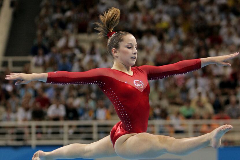 United States' Carly Patterson performs her floor routine during the women's gymnastics...