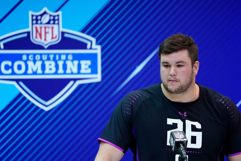 INDIANAPOLIS, IN - MARCH 01: Notre Dame offensive lineman Quenton Nelson speaks to the media...