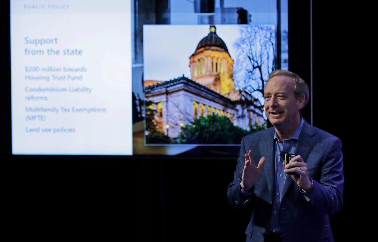 Microsoft president Brad Smith spoke Thursday during a presentation in Bellevue, Wash., to...