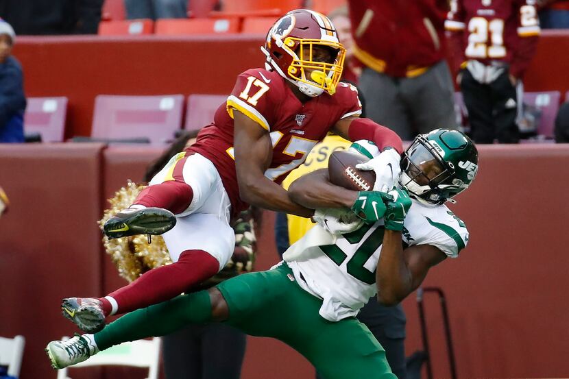 FILE - Redskins wide receiver Terry McLaurin (17) beats out Jets free safety Marcus Maye...