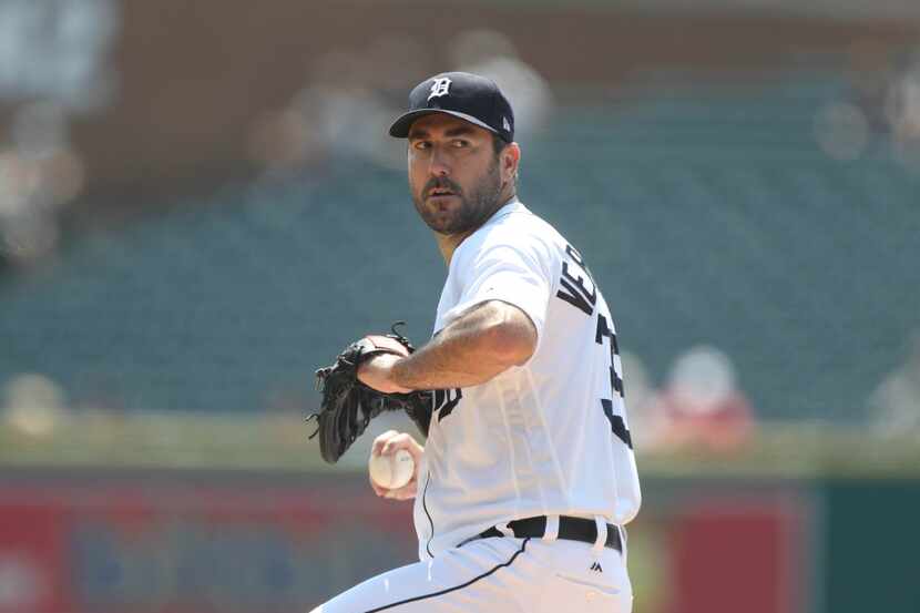 The Detroit Tigers' Justin Verlander pitches against the Los Angeles Dodgers on August 20,...