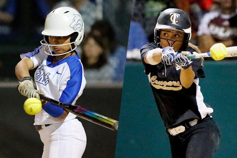 Plano West's Elisa Rosado (left) and The Colony's Jayda Coleman (right) slap hitting the ball.
