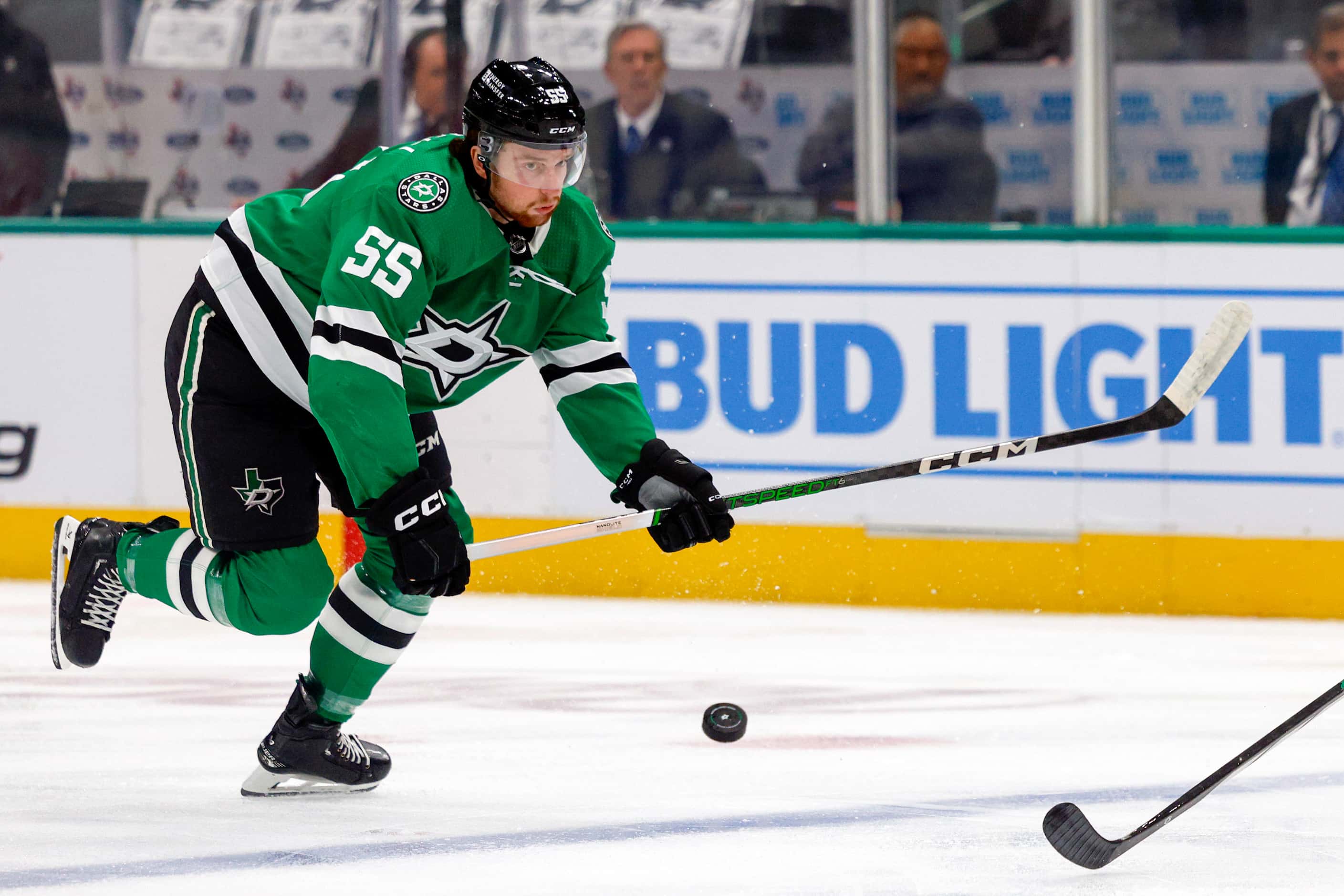 Dallas Stars defenseman Thomas Harley skates with the puck during the first period of Game 1...