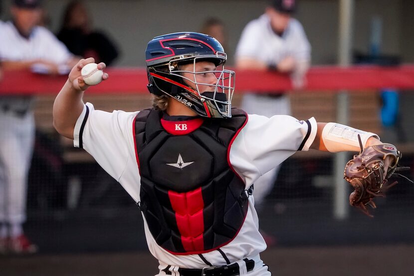 Rockwall-Heath catcher Kevin Bazzell makes a throw to second base during a district 10-6A...