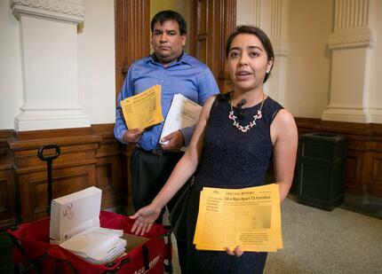 Daniel Candelaria, left, and Karla Perez, both DACA beneficiaries from Houston, arrive at...