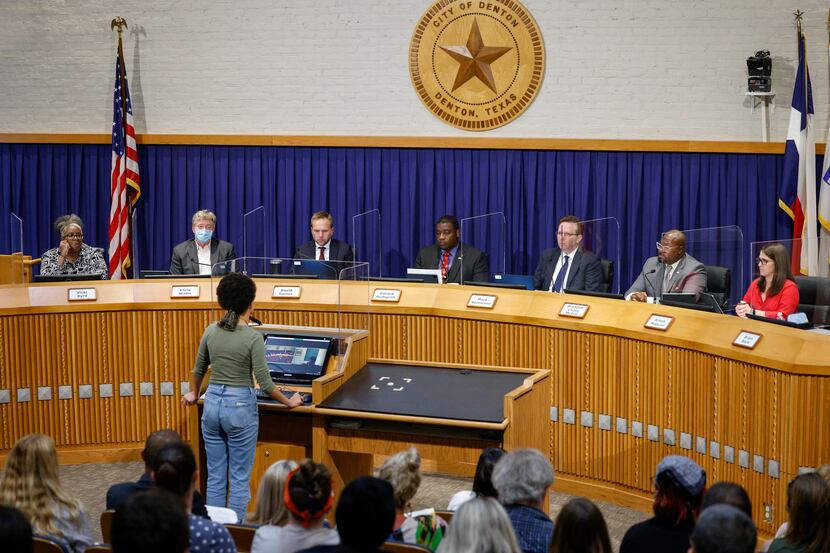 The Denton City Council listens to public comment about a resolution to de-prioritize Texas...