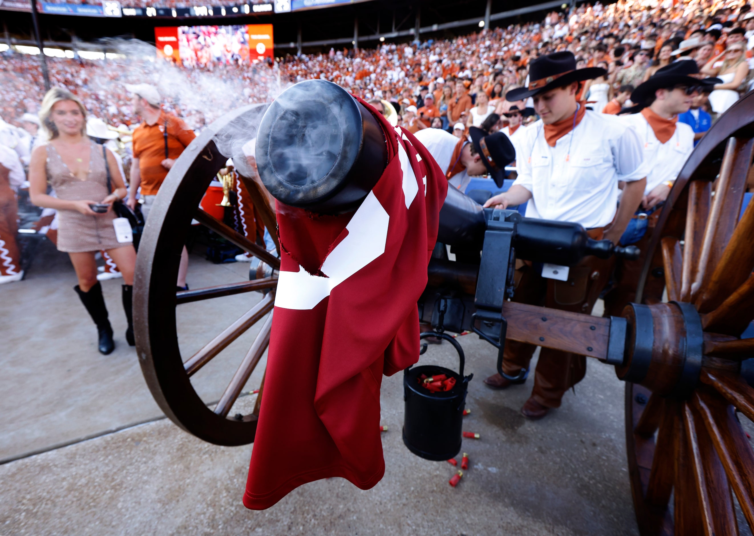 The jersey of former Oklahoma Sooners quarterback Baker Mayfield hangs around the Texas...