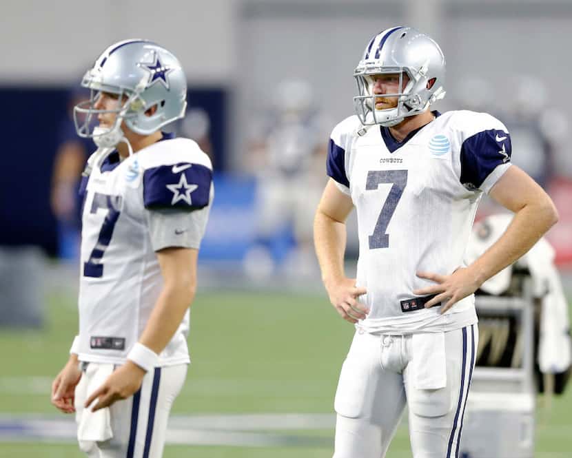 Dallas Cowboys quarterback Cooper Rush (7) and Dallas Cowboys quarterback Kellen Moore (17)...