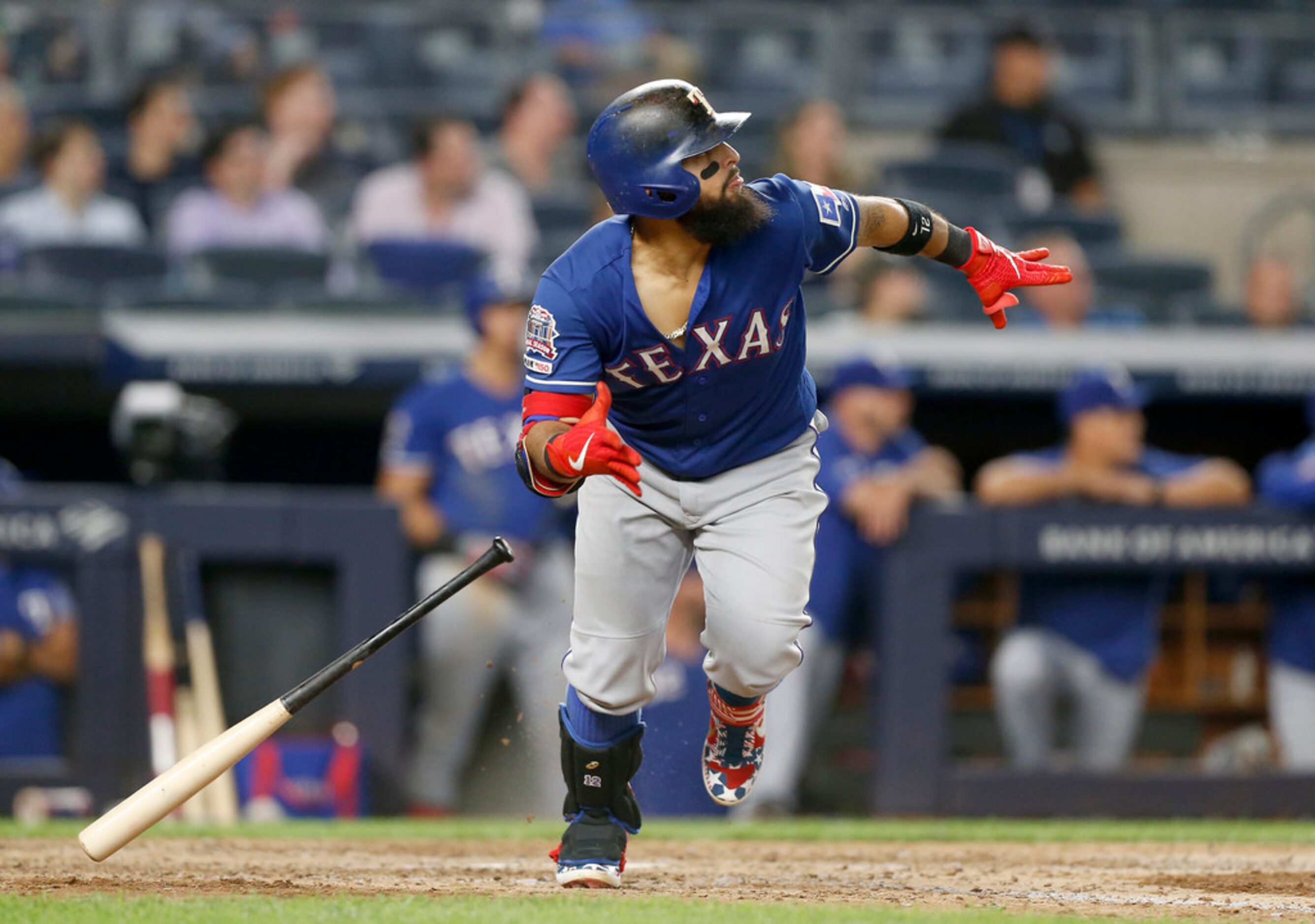 NEW YORK, NEW YORK - SEPTEMBER 04:   Rougned Odor #12 of the Texas Rangers follows through...