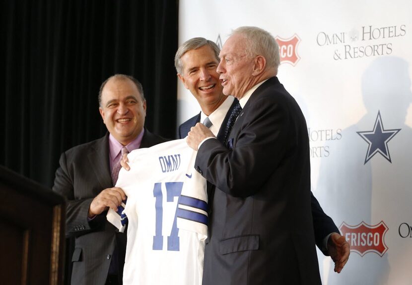 Frisco Mayor Maher Maso (left), Omni Hotels owner Bob Rowling and Dallas Cowboys owner Jerry...