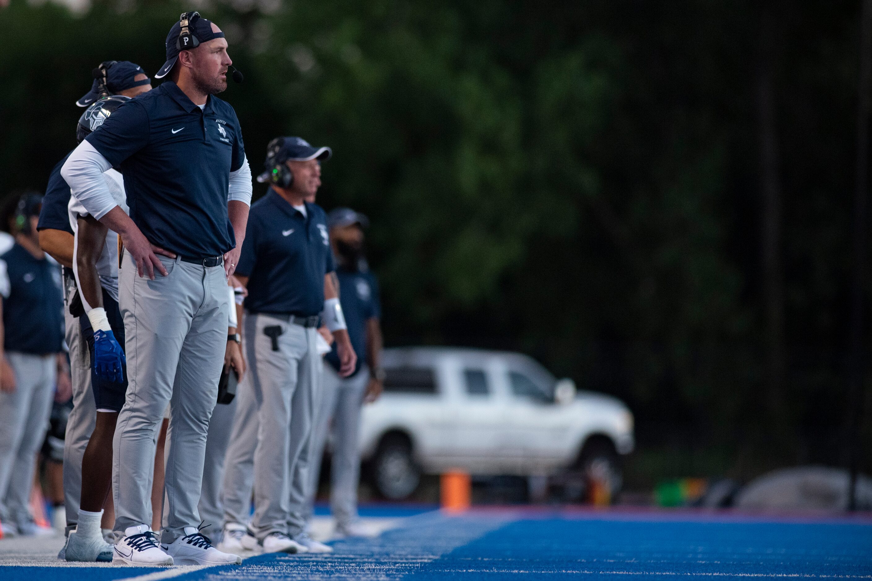 Argyle Liberty Christian Head Coach Jason Witten watches with anticipation from the sideline...