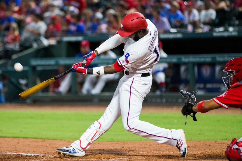 FILE - Texas Rangers shortstop Jurickson Profar (19) hits a home run during the sixth inning...