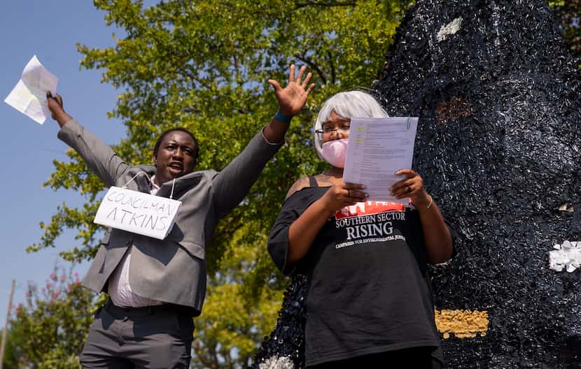 Simba Musarurwa (left) as Dallas City Council member Tennell Atkins and Misti Oquinn as...
