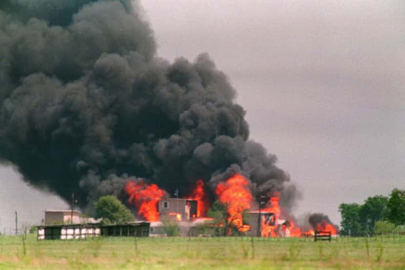 Fire engulfs the compound on April 19, 1993, after federal agents inserted tear gas into the...