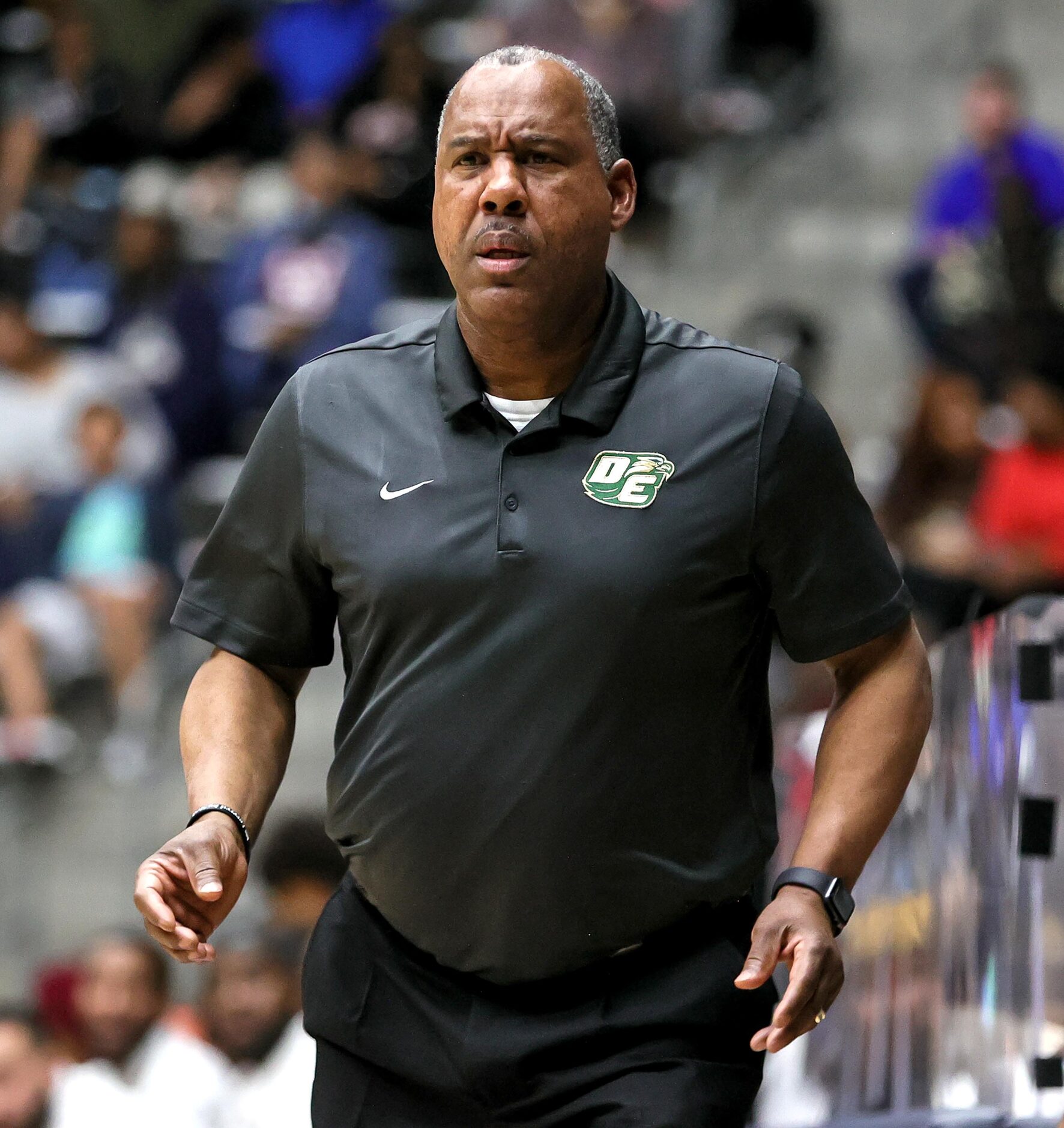 DeSoto head coach Richard Bacon reacts to a call during the game against Duncanville in the...