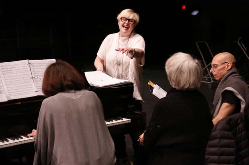 Sally Mayes, center background, participates in a rehearsal of Blue Roses at Irving Arts...