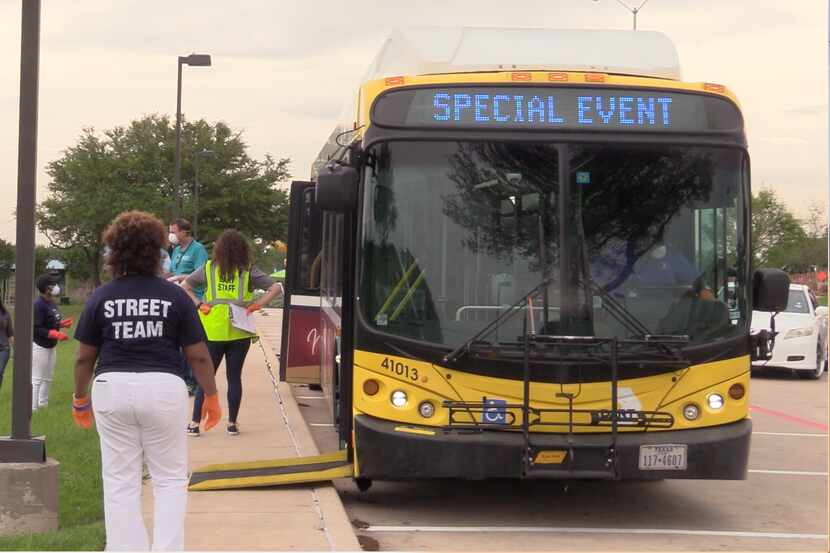 A DART bus arrives to deliver meals to Dallas school district students Thursday, April 9, 2020.