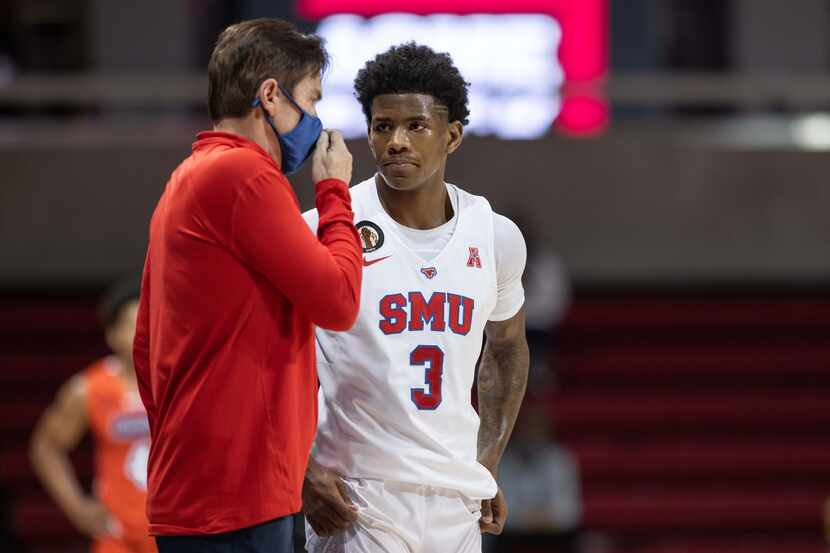 DALLAS, TX - DECEMBER 02: SMU Mustangs guard Kendric Davis (#3) talks to SMU Mustangs head...