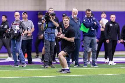 TCU football quarterback Max Duggan (15) throws during NFL Pro Day, Thursday, March 30,...