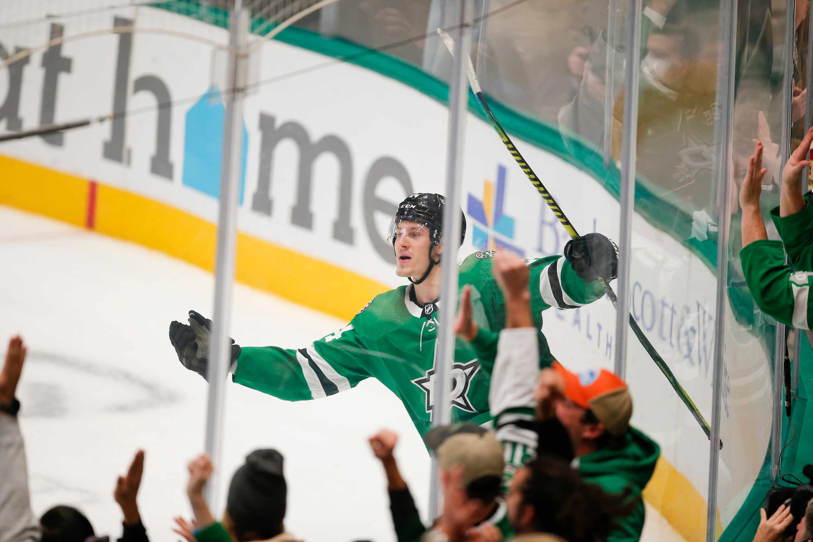 Dallas Stars forward Roope Hintz (24) celebrates scoring his second goal of the game during...