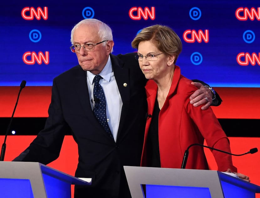 In this photo on July 30, 2019, Democratic presidential hopefuls Sen. Bernie Sanders and...