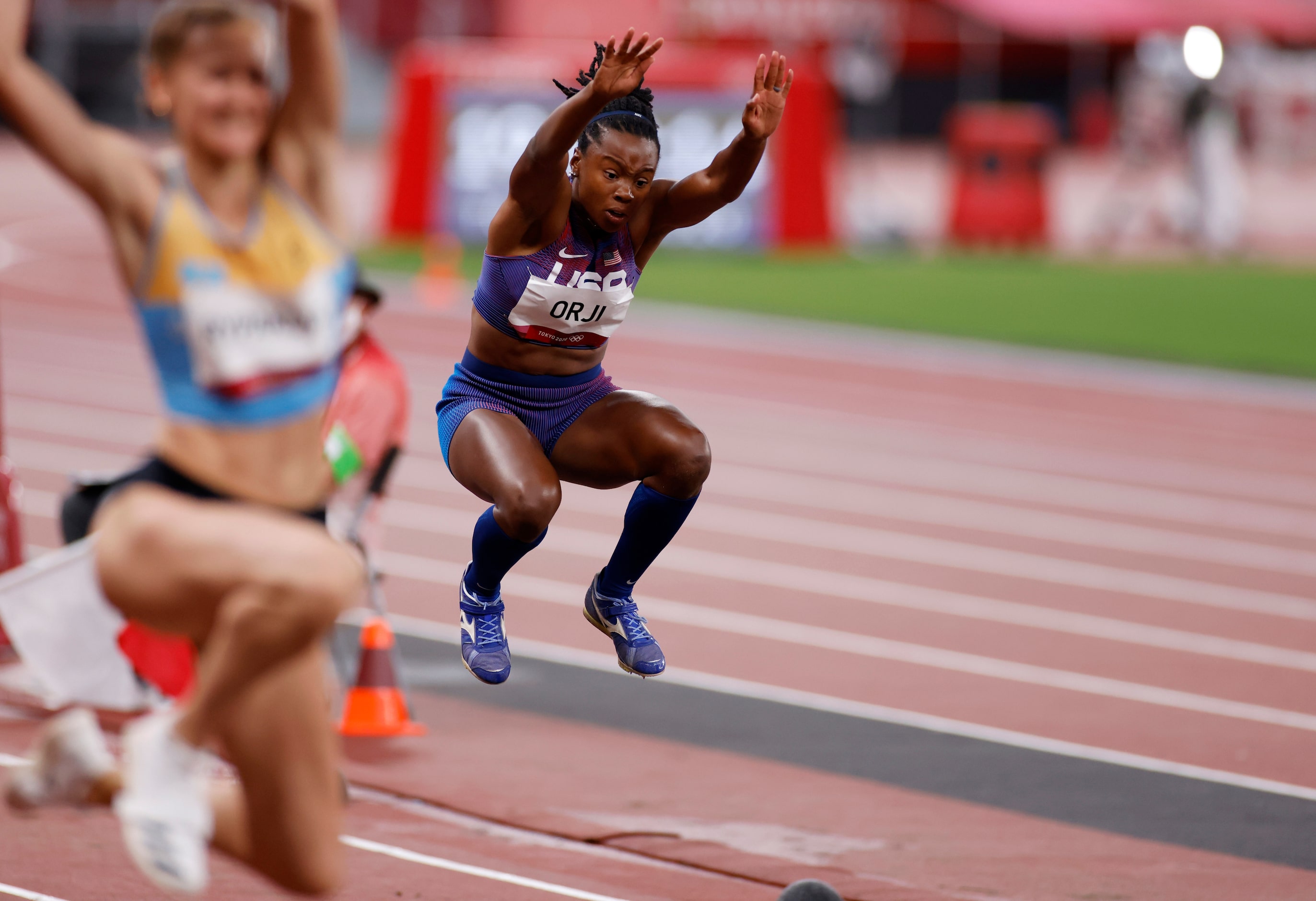 USA’s Keturah Orji competes in the women’s triple jump qualification round during the...