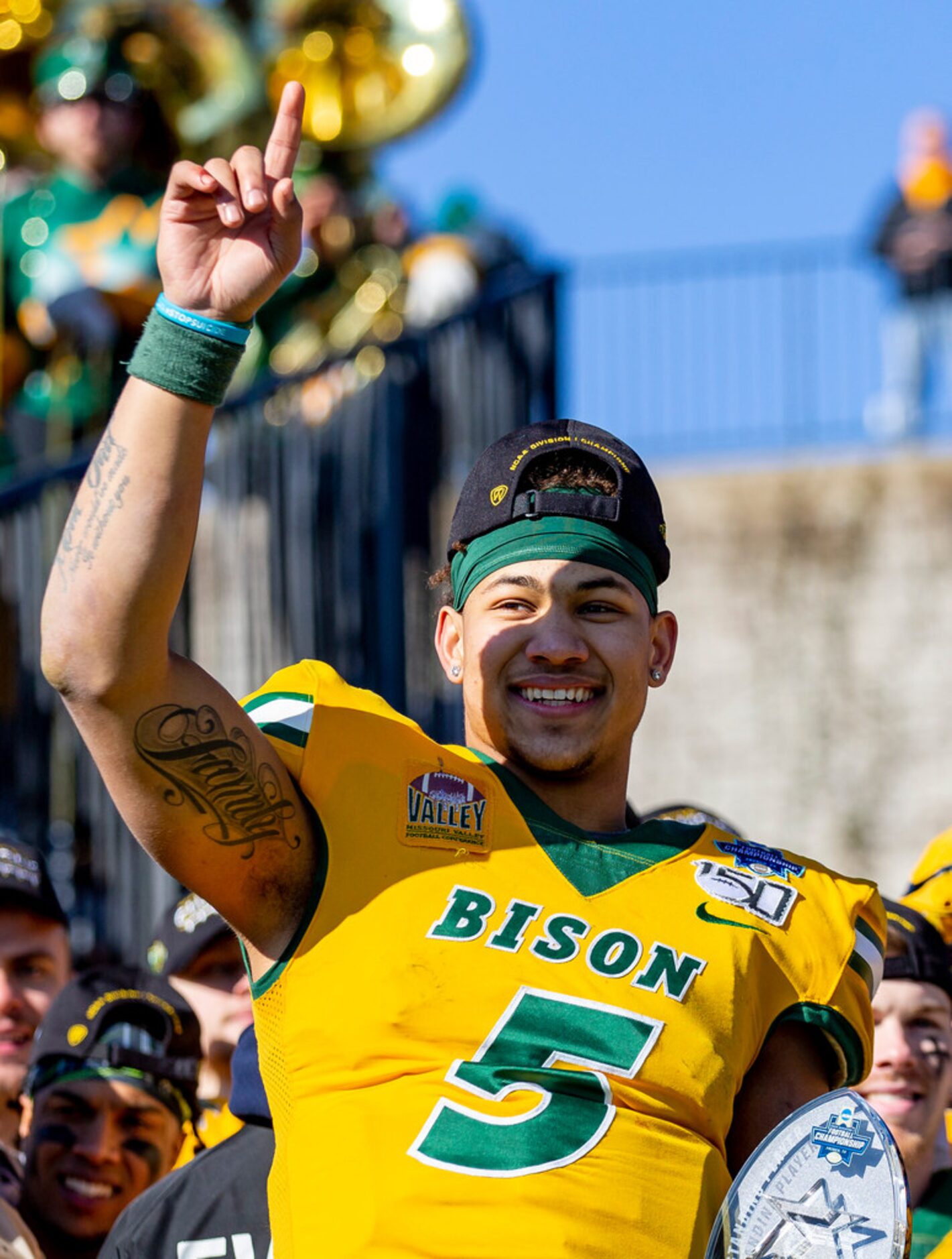 North Dakota State quarterback Trey Lance (5) celebrates after beating James Madison 28-20...