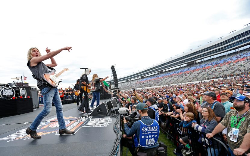 Mark Matejka of Lynyrd Skynyrd performs during Duck Commander 500 at Texas Motor Speedway in...