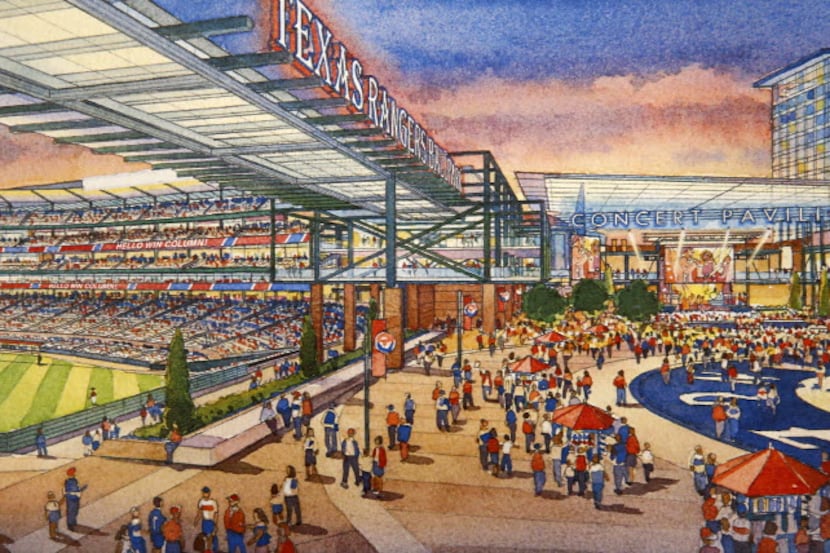 An artist's rendering shows the outfield plaza of the proposed retractable roof ballpark....