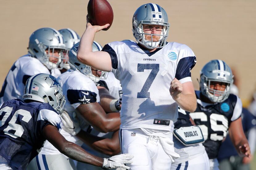 Dallas Cowboys quarterback Cooper Rush (7) attempts a pass on a play during the afternoon...