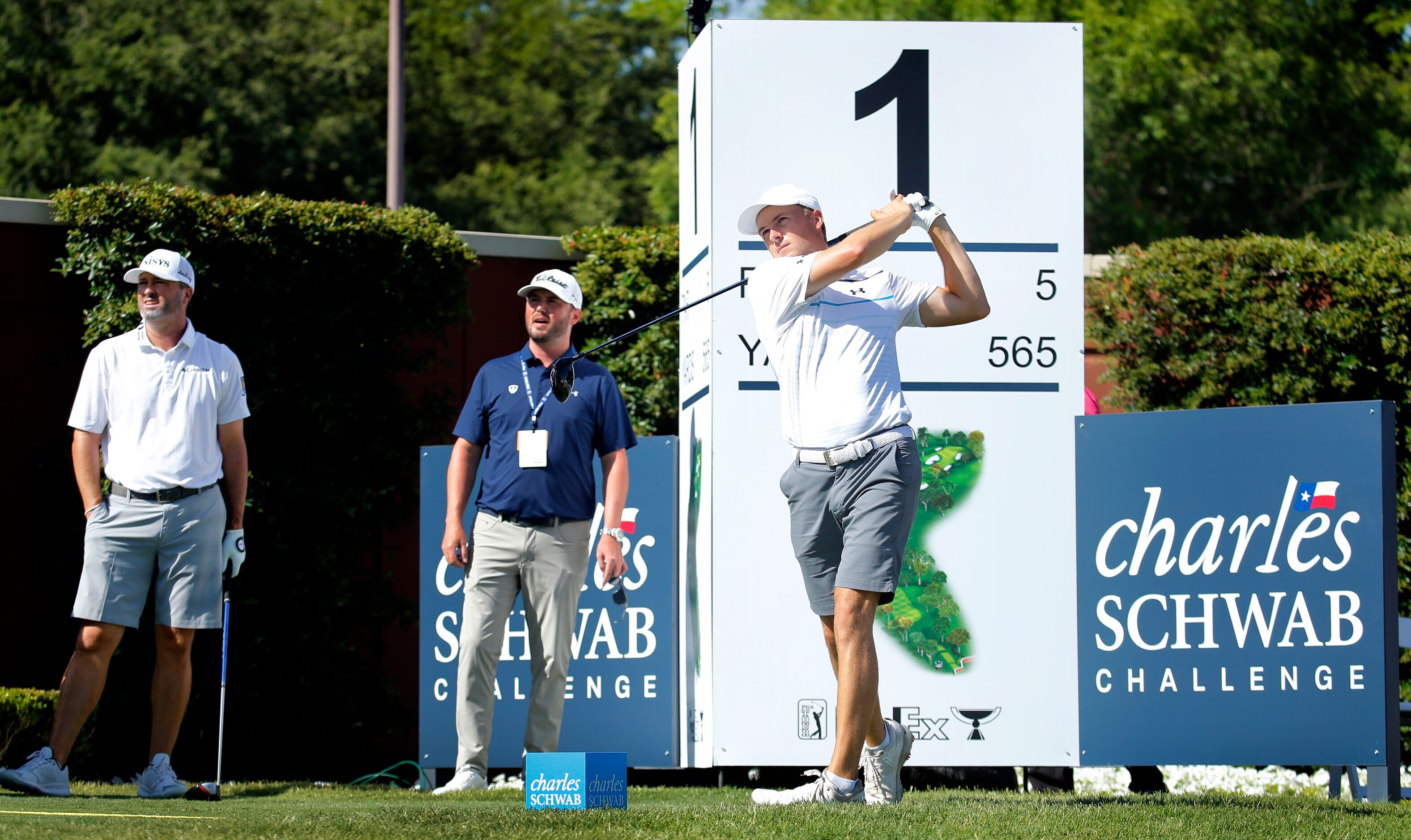 On his and others first day day back on tour, PGA golfer Jordan Spieth tees off on No. 1...