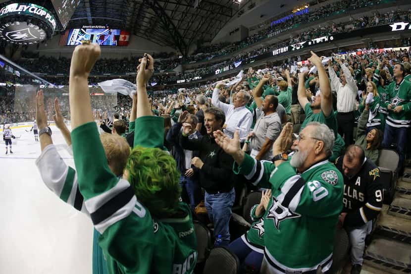 FILE - Stars fans react to Patrick Eaves' third-period goal against the St. Louis Blues...