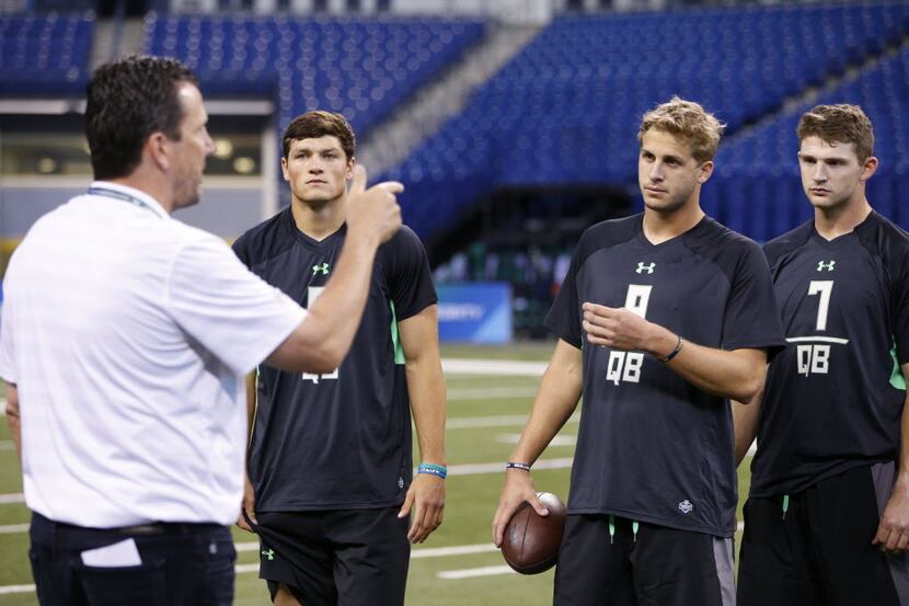 INDIANAPOLIS, IN - FEBRUARY 27: Quarterbacks (from left) Christian Hackenberg of Penn State,...