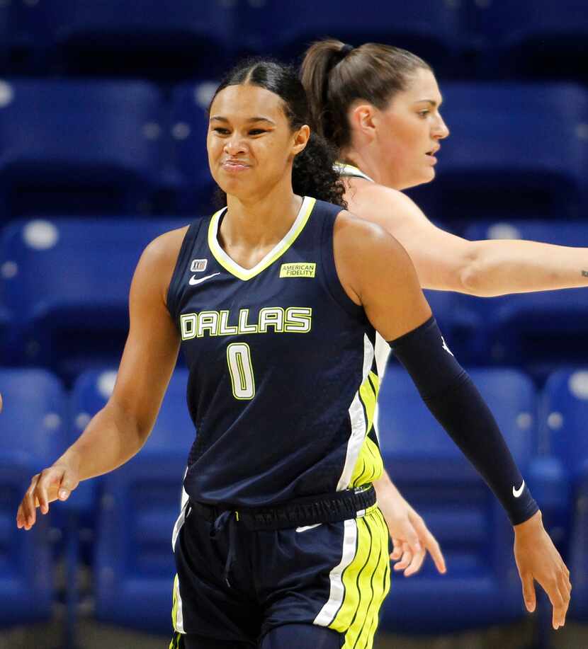 Dallas Wings forward Satou Sabally (0) reacts following a Wings turnover during first half...