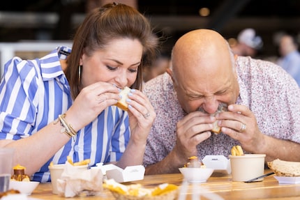 The Dallas Morning News' Sarah Blaskovich and Evan Grant sample the vegan chicken salad...