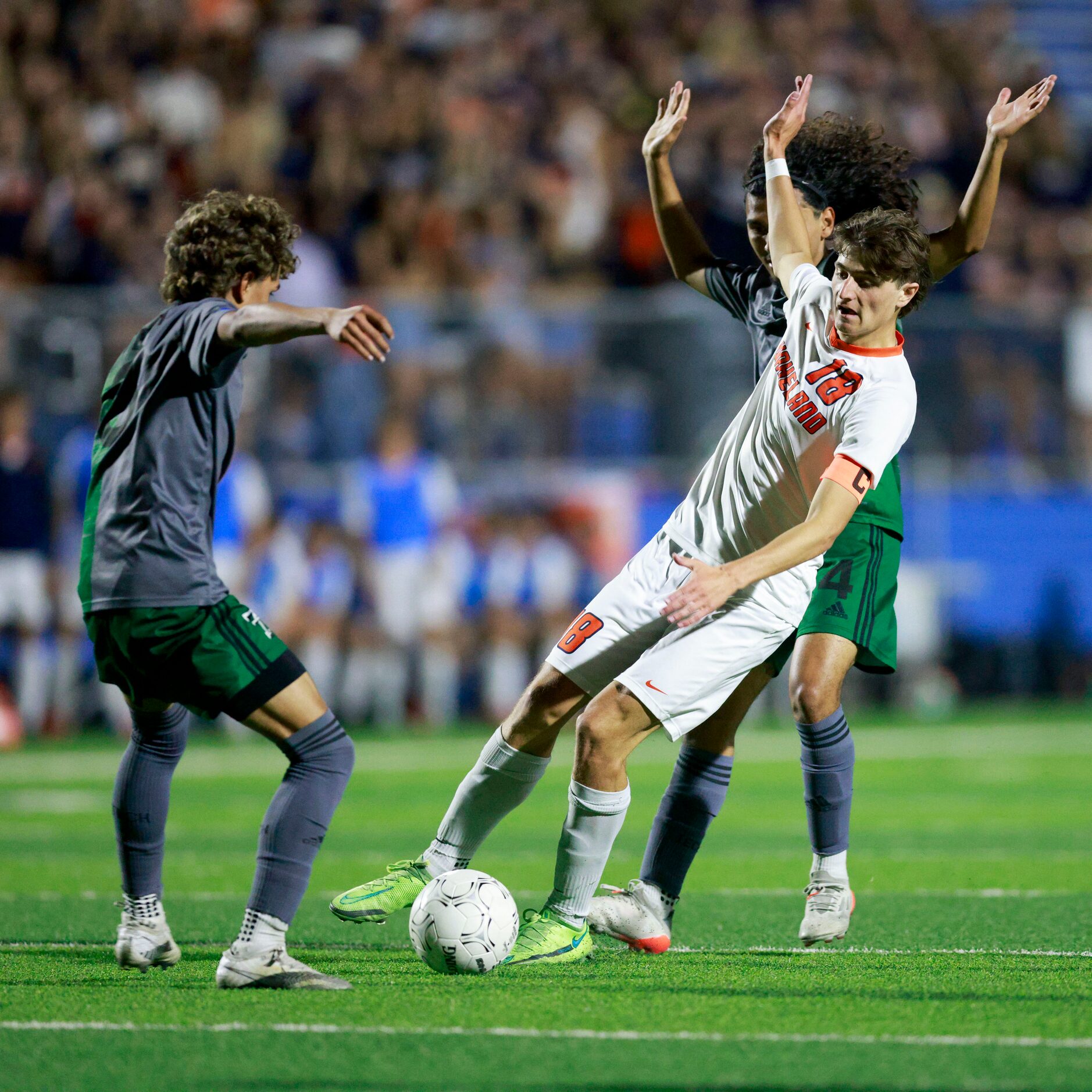 Frisco Wakeland midfielder Ryan Greener (18) calls for a foul between Fort Worth Trimble...