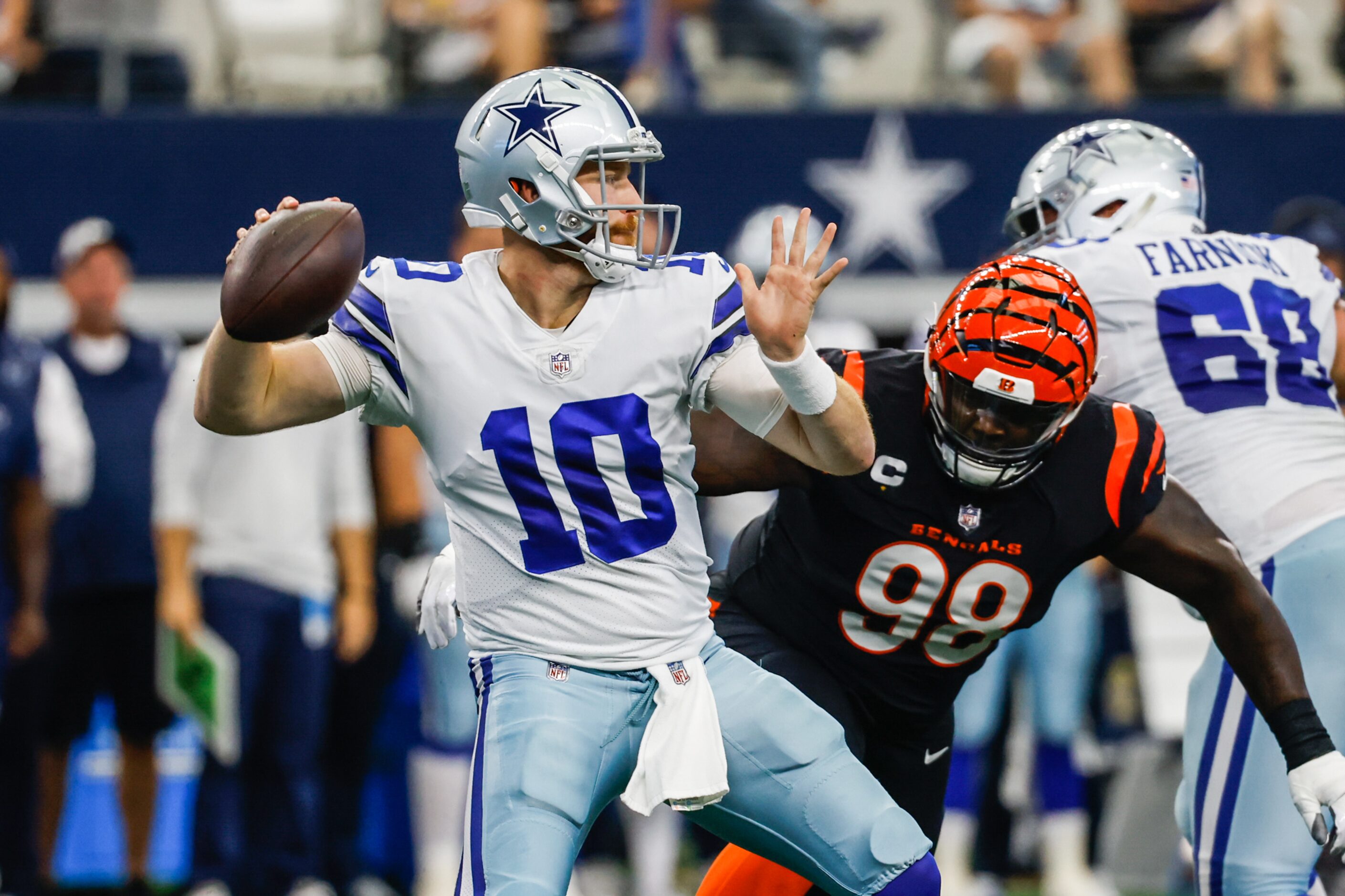 Dallas Cowboys quarterback Cooper Rush (10) attempts a pass against the Cincinnati Bengals...