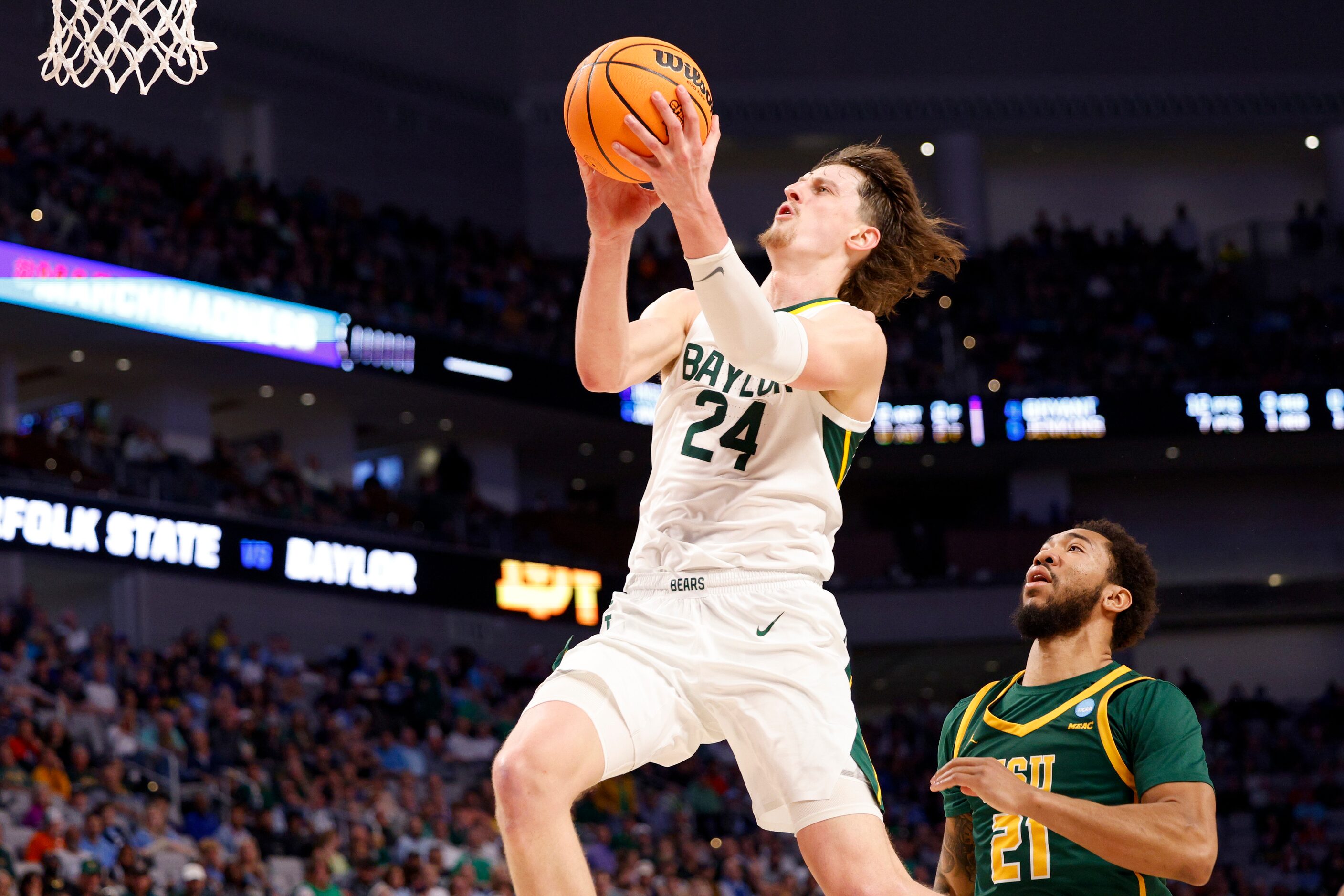 Baylor Bears guard Matthew Mayer (24) attempts a layup in front of Norfolk State Spartans...