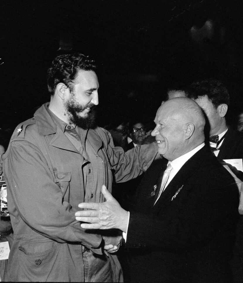 Soviet Premier Nikita Khrushchev embraced Fidel Castro on the floor of the U.N. General...