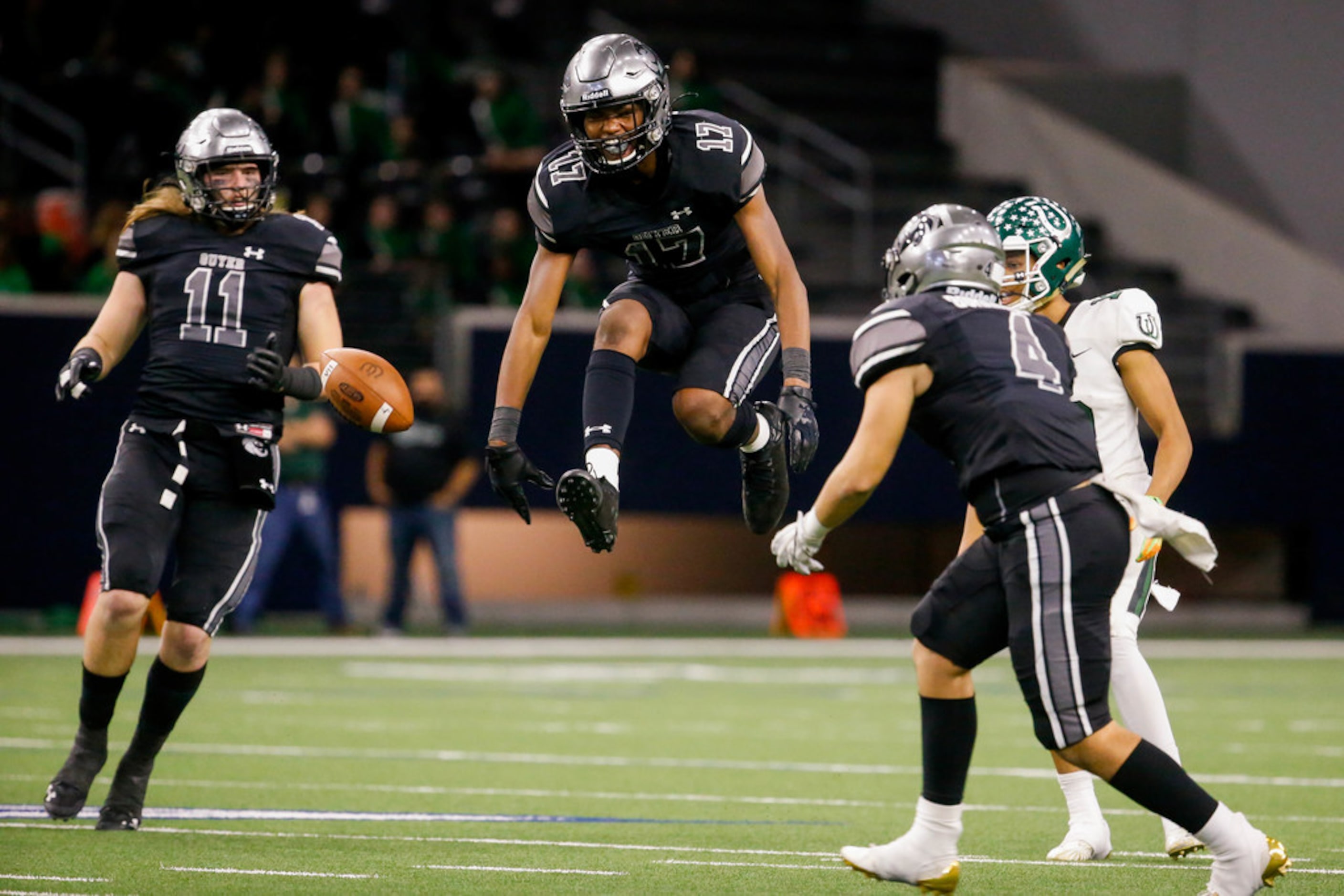 Denton GuyerÃs defensive back Jaden Fugett (17) (center) celebrates blocking a Guyer pass...