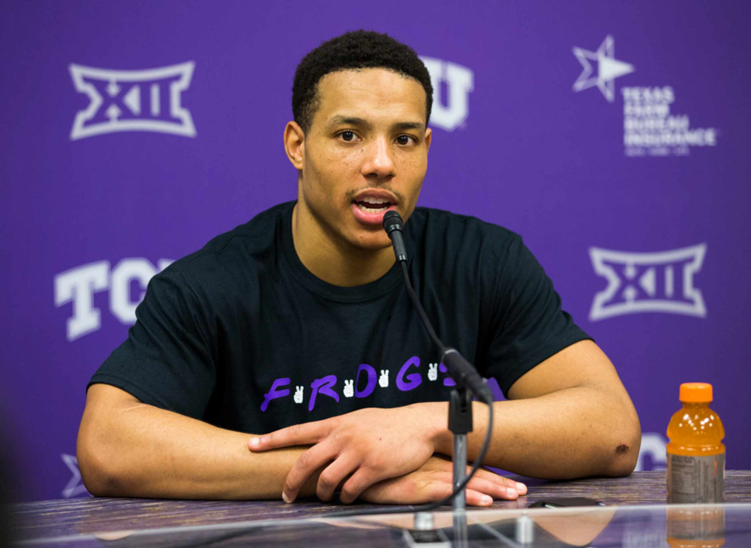 TCU Horned Frogs guard Desmond Bane (1) speaks to reporters after an NCAA mens basketball...