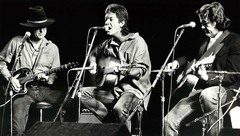 From left, Jerry Jeff Walker, Rodney Crowell and Guy Clark perform at the Arcadia Theater in...