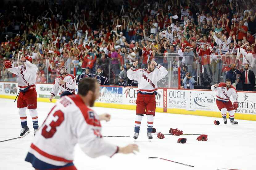 Allen Americans celebrate as the final seconds pass in Game 7 of the ECHL Kelly Cup Finals...