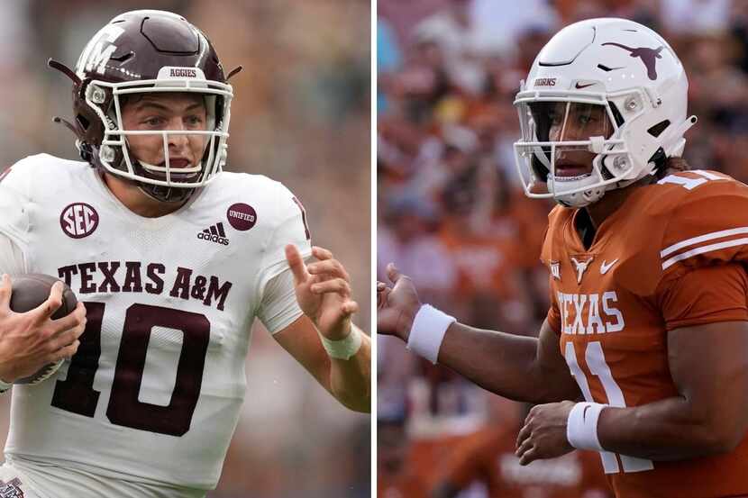 Texas A&M QB Zach Calzada (left) and Texas QB Casey Thompson (right). (Photos from The...