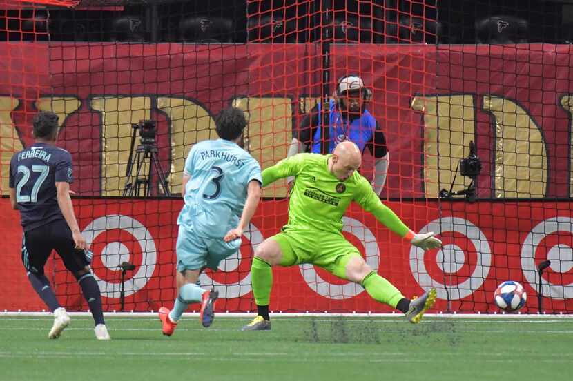 FC Dallas forward Jesus Ferreira (27) makes a shot on goal past Atlanta United goalkeeper...