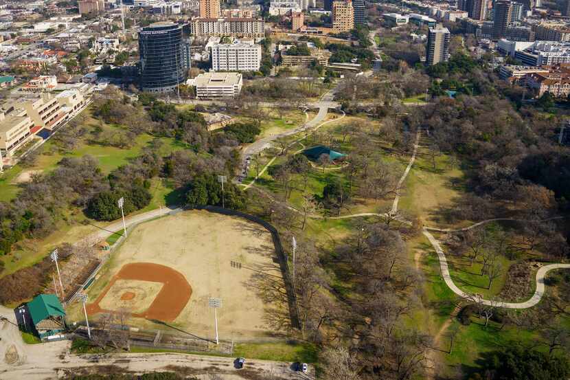 Aerial view of Reverchon Park and its historic baseball field, on Sunday, Jan. 12, 2020, in...